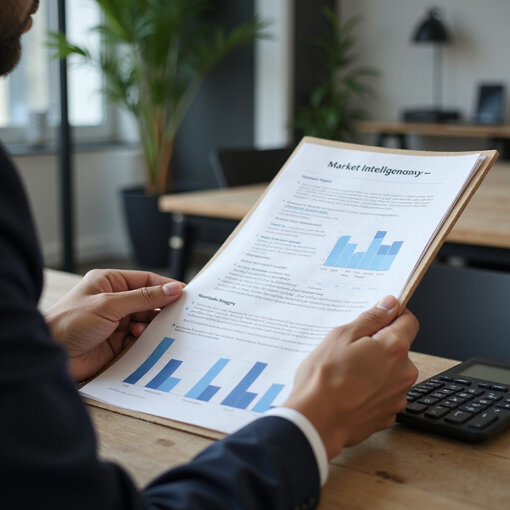 Person in suit examining a market analysis report with charts. Calculator on the desk.
