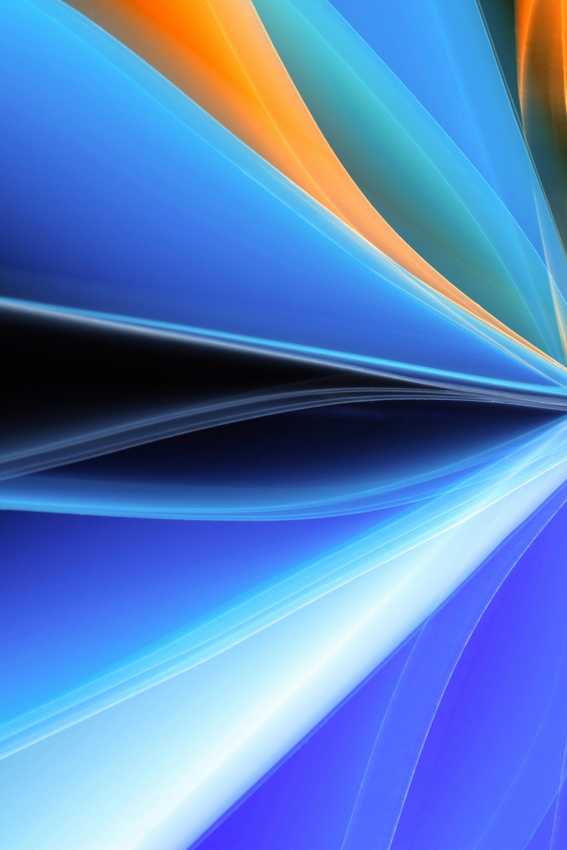 Abstract curved blue, orange, and teal lines converge, creating a sense of depth and movement.