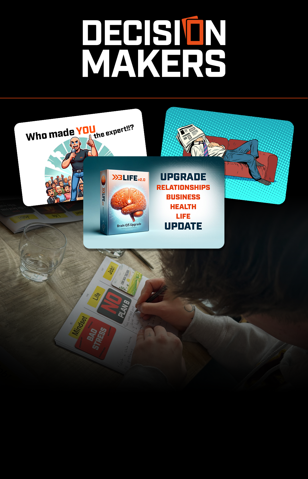 A person is playing a game called decision makers.