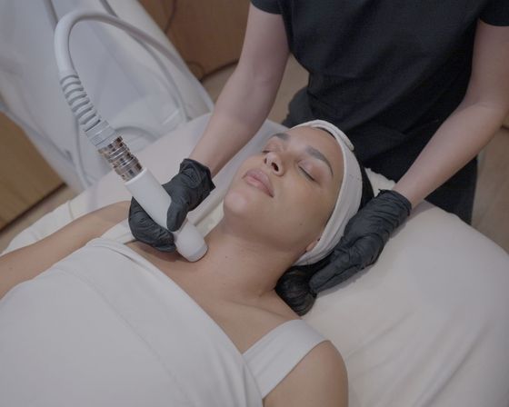 Woman receiving neck skin treatment from a gloved aesthetician.