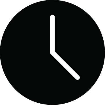 Black clock icon with white hands showing about 4:00