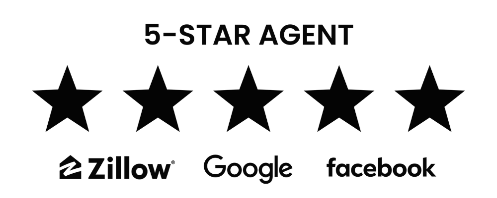“5-star agent” graphic with five black stars and Zillow, Google, and Facebook logos underneath