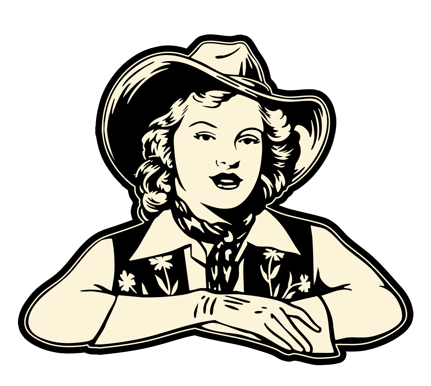 Black-and-white illustration of a smiling cowgirl in a hat, resting her arms on a surface.