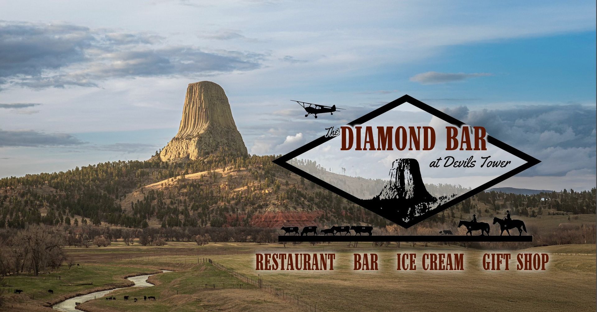 Diamond Bar sign over a rocky butte at sunset, with restaurant, bar, ice cream, and gift shop text.