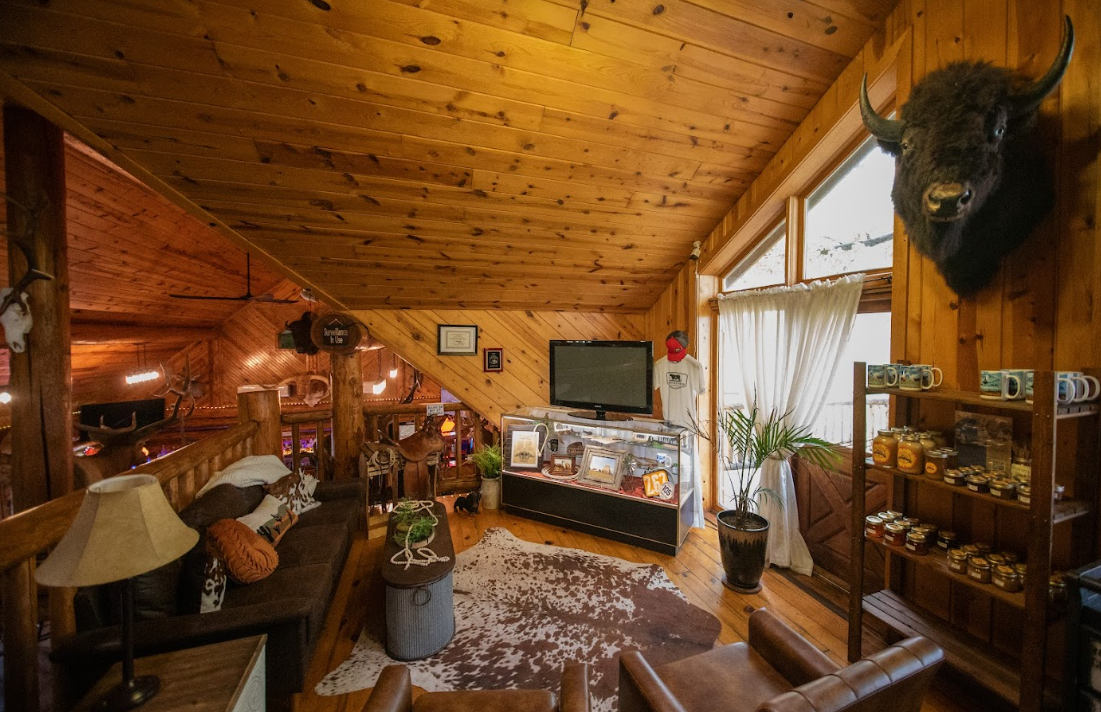 Cozy wood-paneled cabin lounge with a mounted deer head, large windows, and rustic furniture