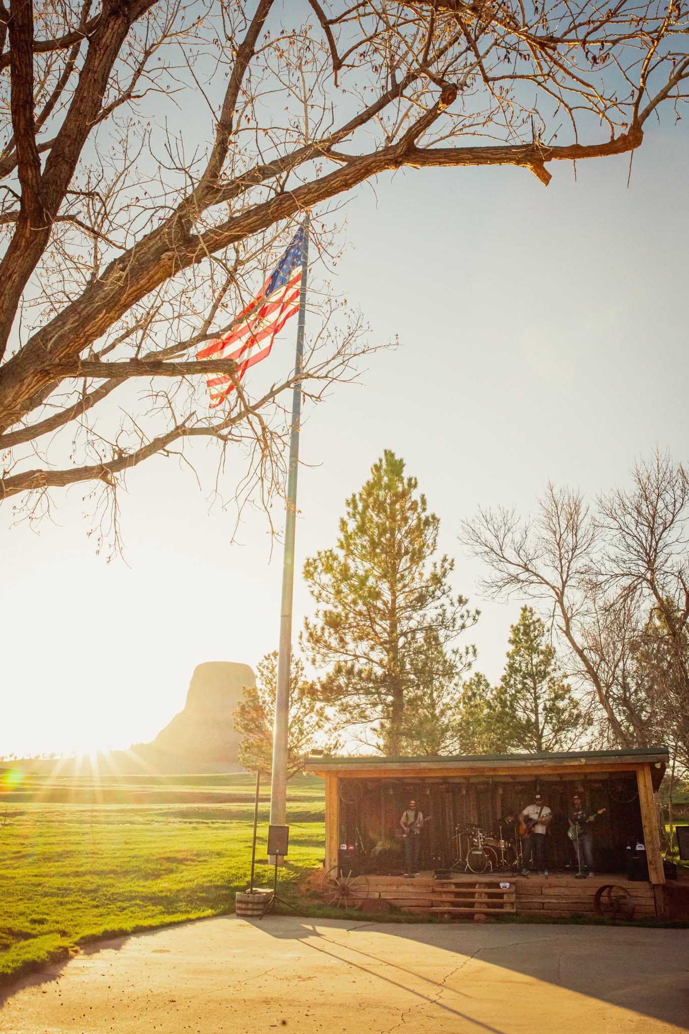 Sunlit park with an American flag, bare tree branches, and a small shelter by the path.