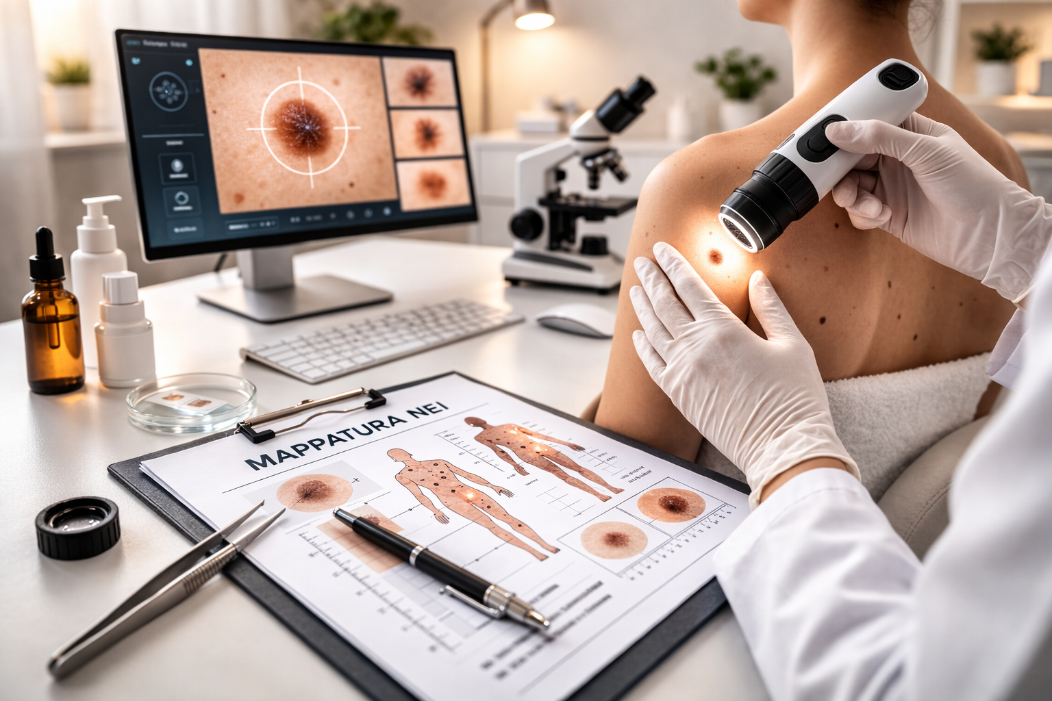 Dermatologo che esamina la schiena di un paziente con un dermatoscopio. Lo schermo del computer mostra immagini ingrandite della pelle. Blocco appunti con diagrammi della pelle.