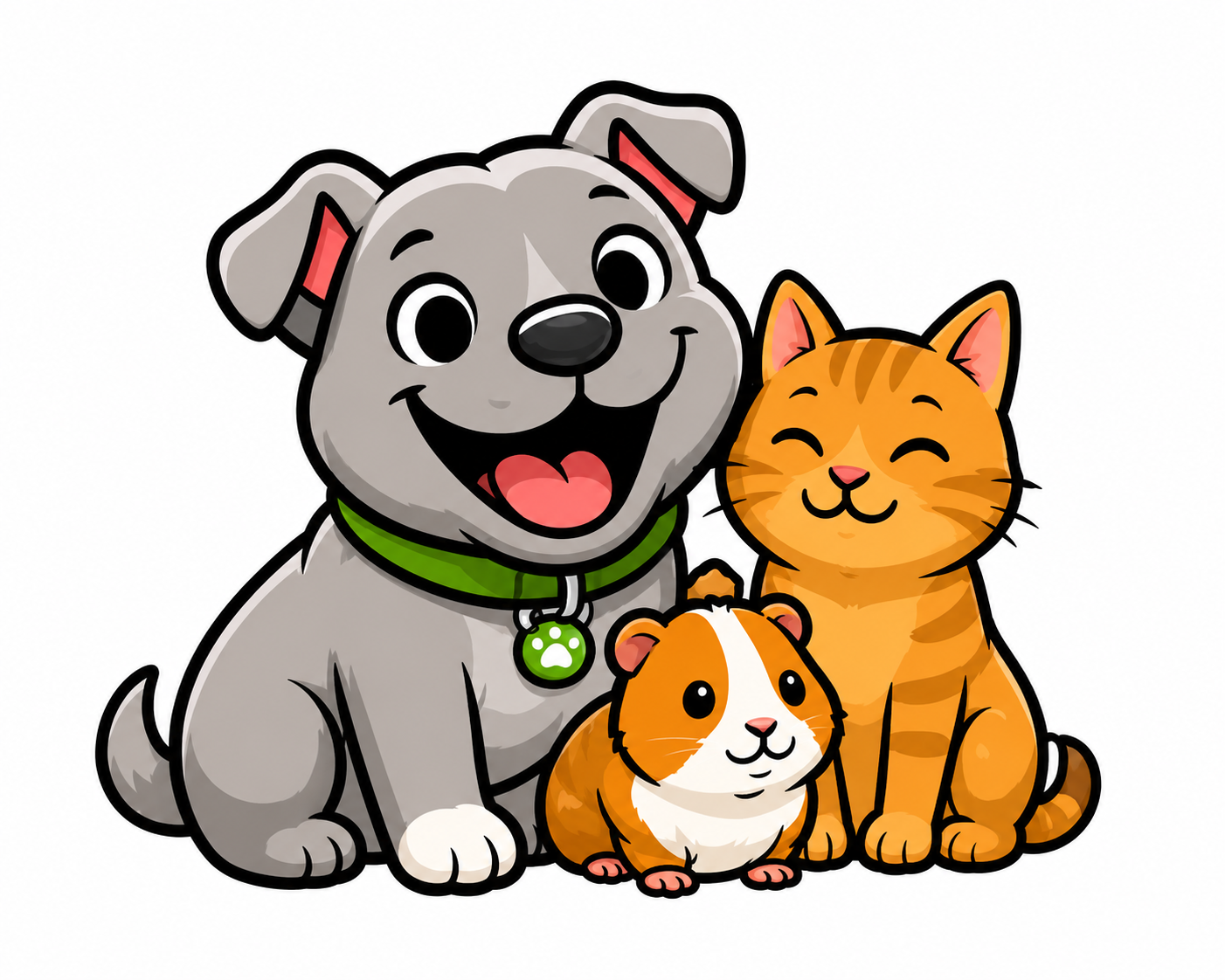 Een grijze puppy, een oranje kat en een klein oranje-wit caviaatje zitten lachend bij elkaar in een cartoon.