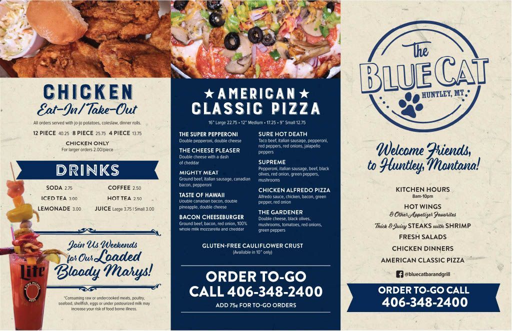 Three restaurant flyers for chicken, American classic pizza, and Bluecan bar menu with phone number.