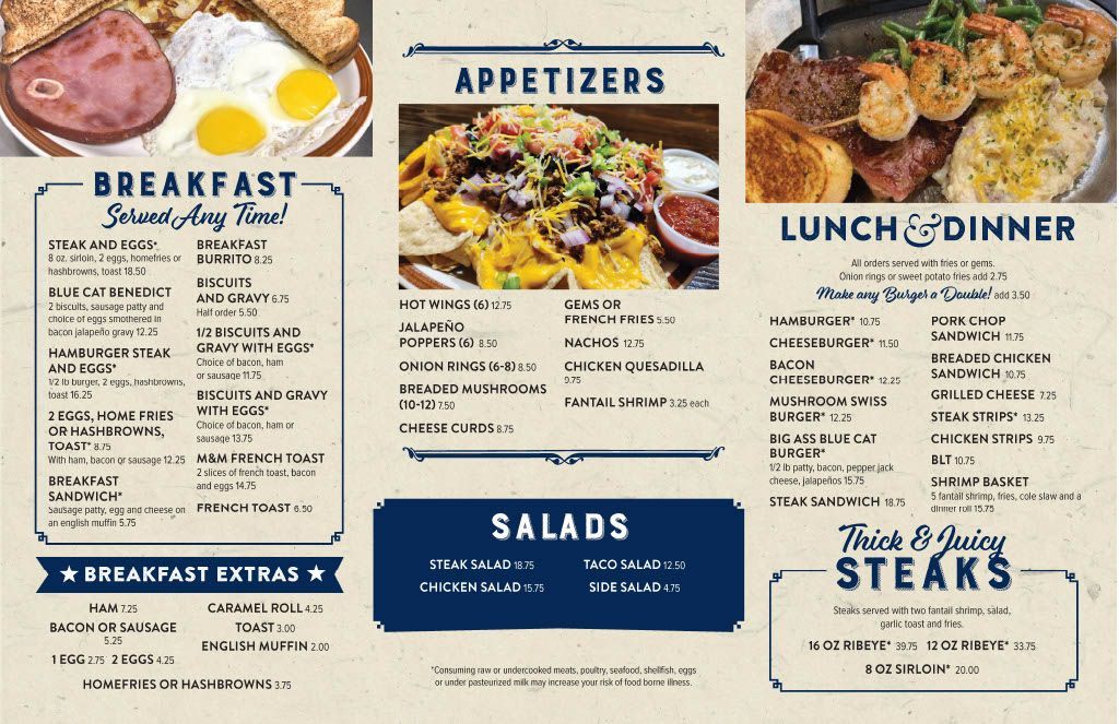 Restaurant menu board with breakfast, appetizers, salads, lunch, and dinner sections on a cream background