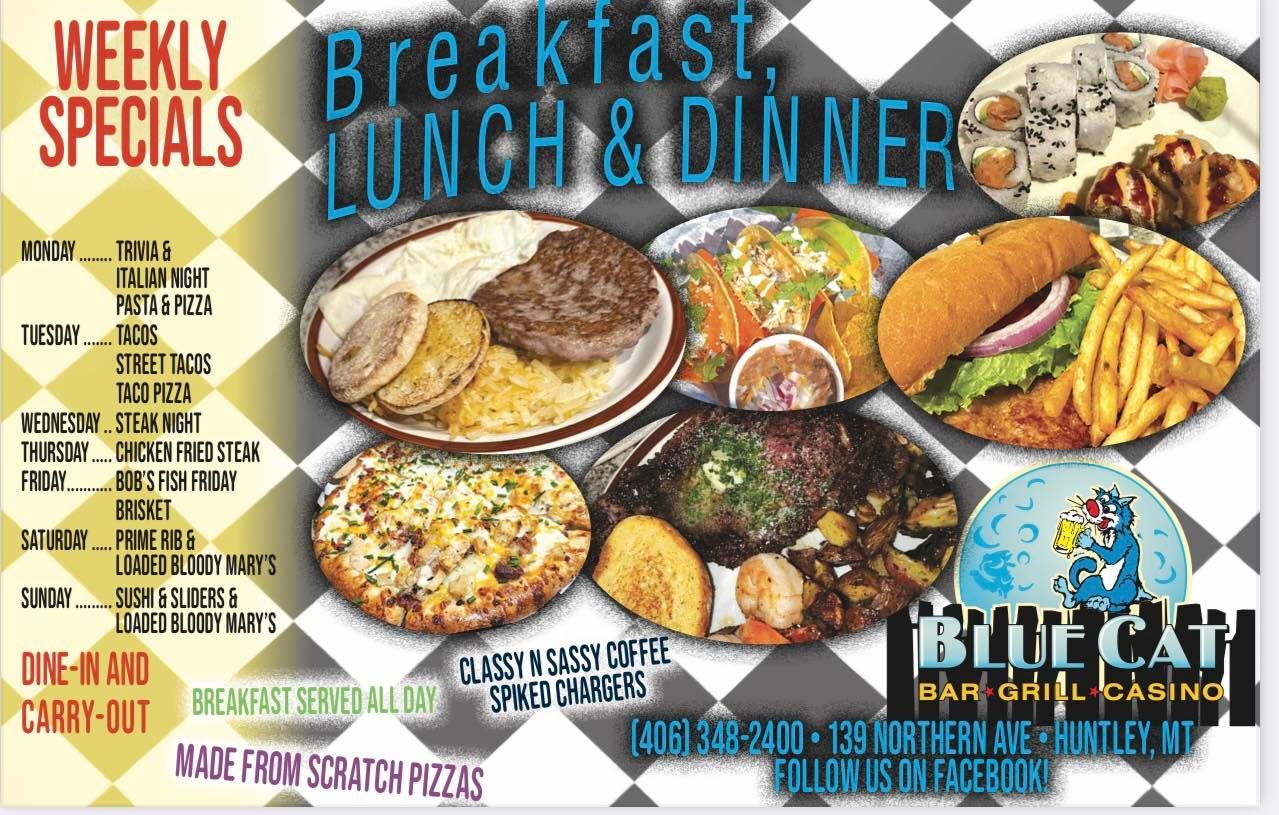 Weekly specials menu with photos of breakfast, lunch, and dinner dishes on a chalkboard-style sign