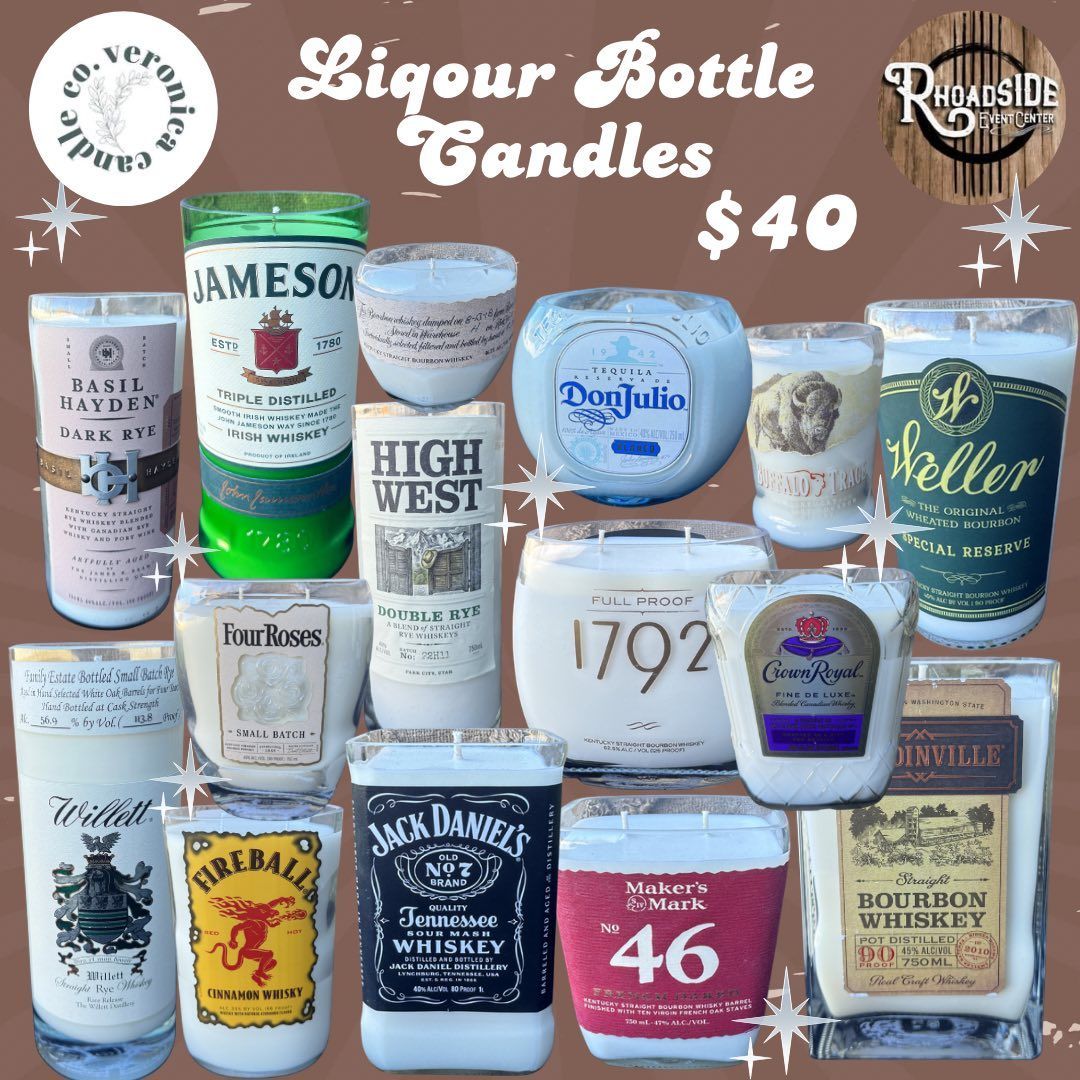 Liquor bottle candles collage with various whiskey labels and “$40” sale text