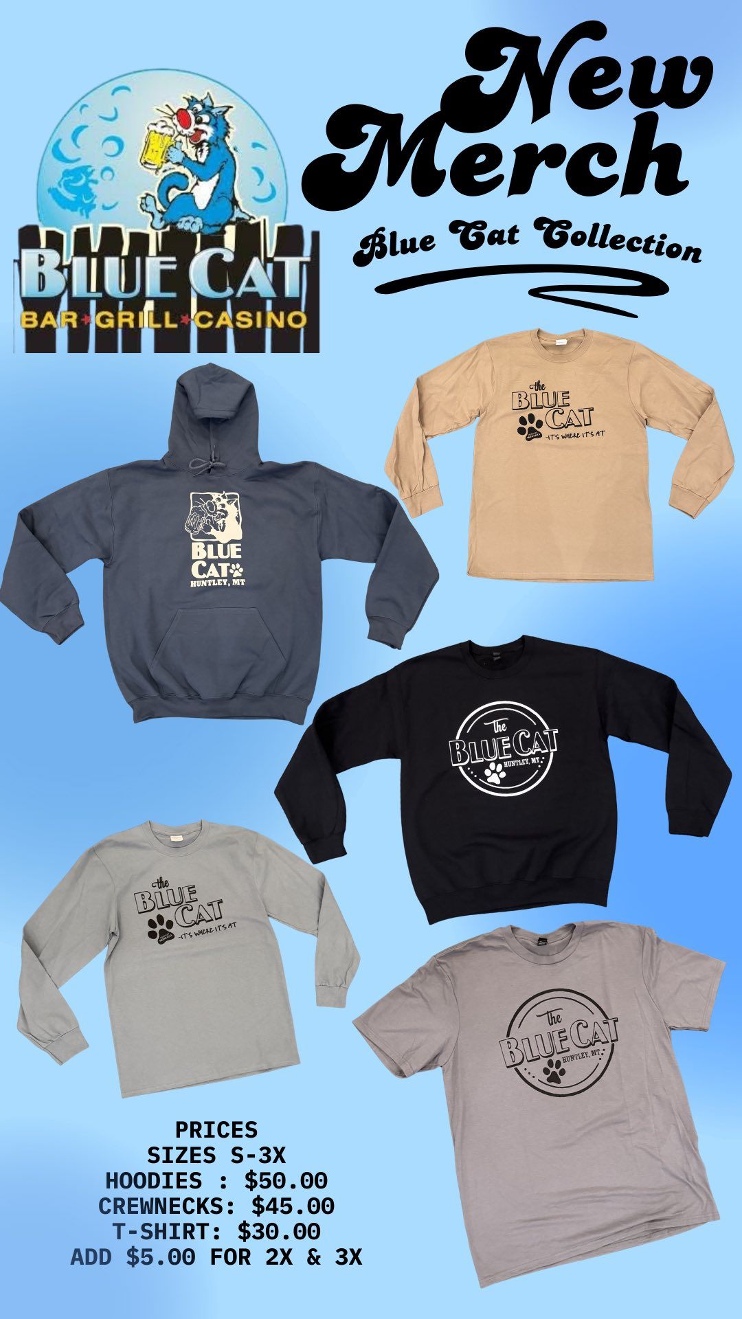 New merch flyer showing logo tees and hoodies in gray, tan, navy, and pink on a white background