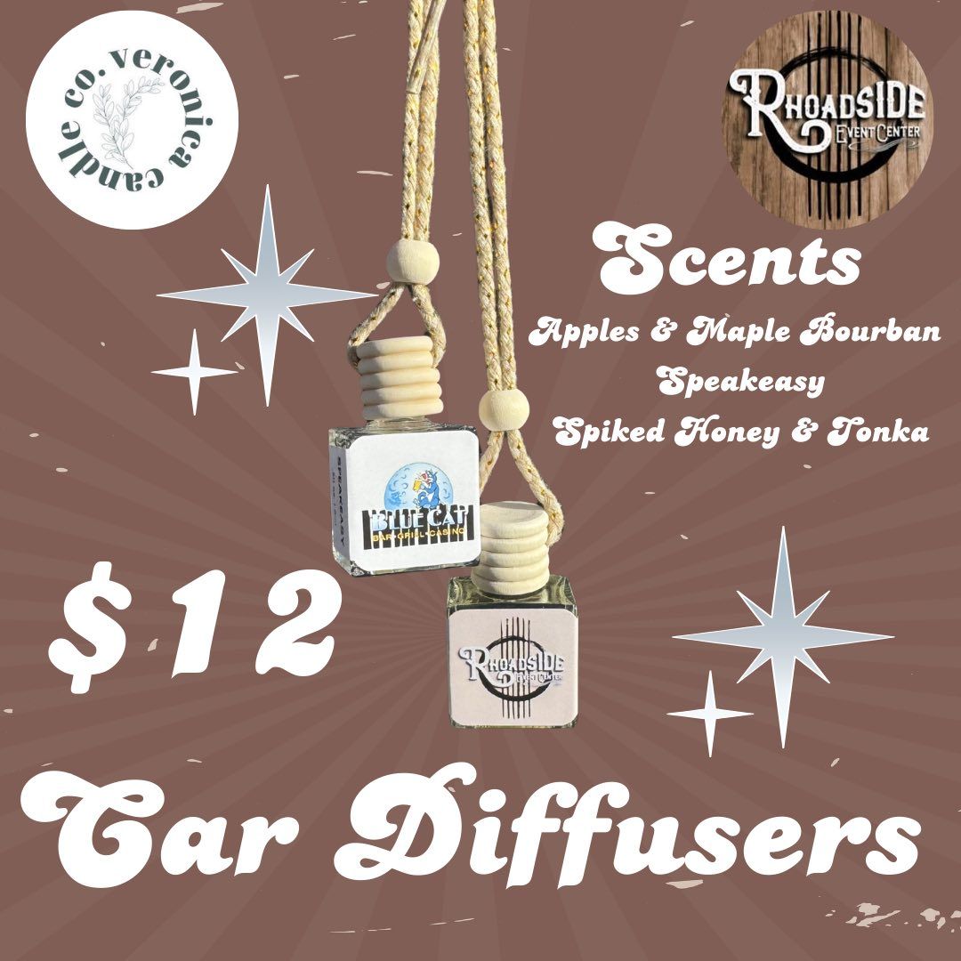 Brown ad for $12 car diffusers, with hanging bottles, “Scents,” and white starbursts.