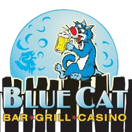 Blue Cat Bar Grill Casino logo with a blue cartoon cat holding a beer
