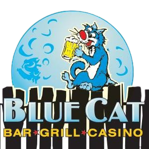 Blue Cat Bar Grill Casino logo with a blue cartoon cat holding a beer