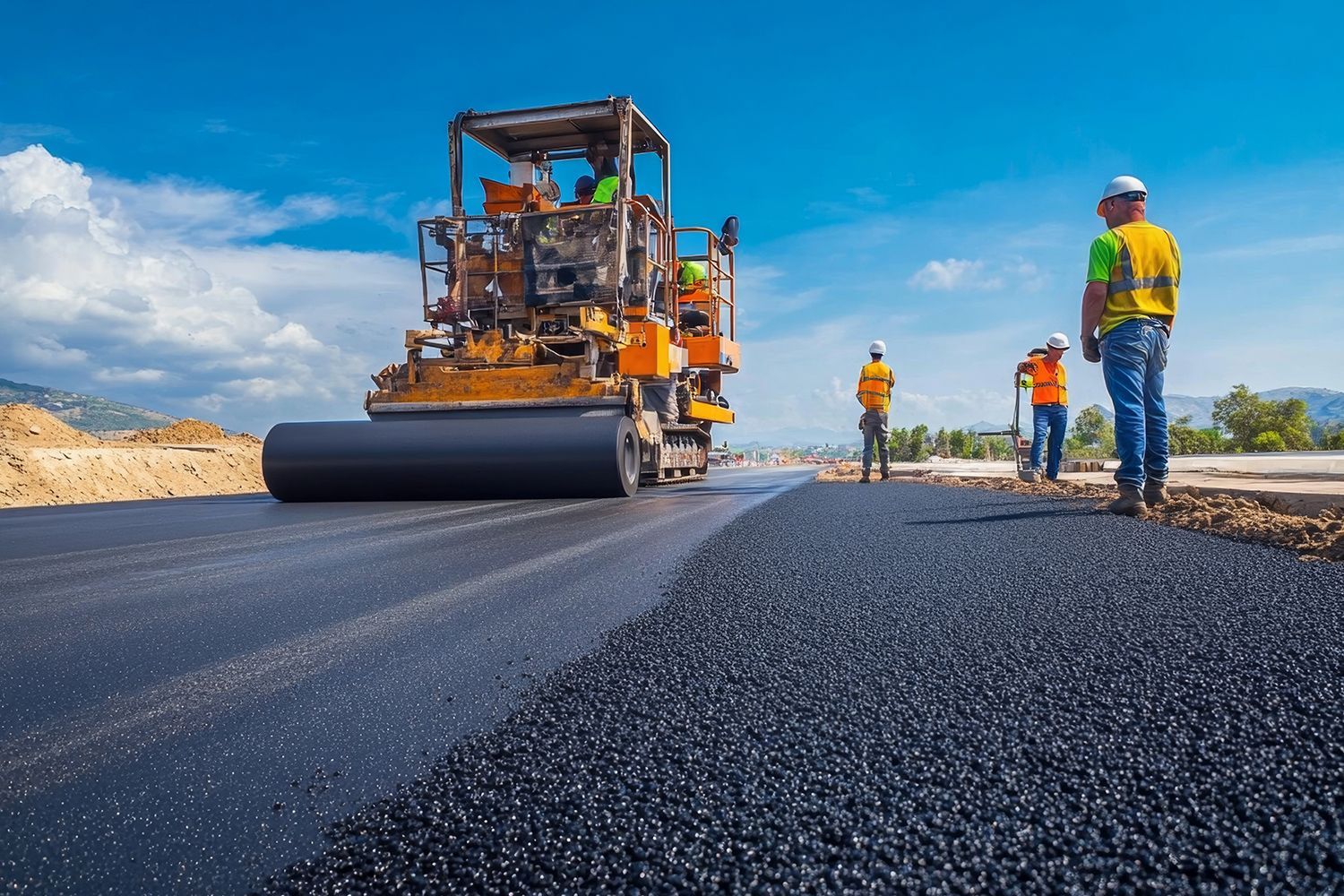 Asphalt paving a road with construction workers and machinery under a blue sky. Asphalt paving a road with construction workers and machinery under a blue sky.