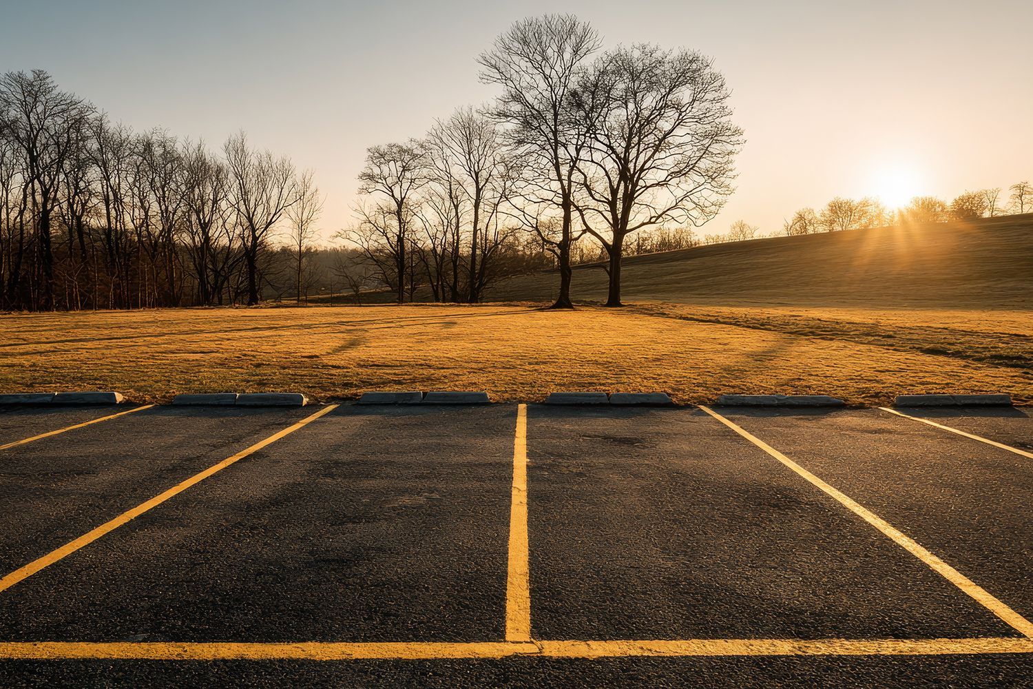 Empty parking lot with yellow lines, trees, and a setting sun in a field. Empty parking lot with yellow lines, trees, and a setting sun in a field.