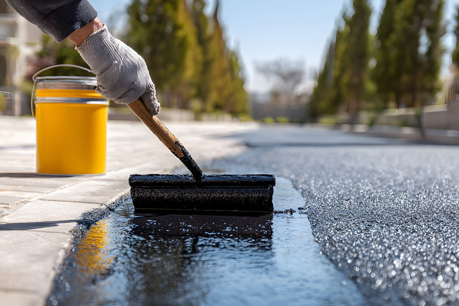 Person in glove applies black sealant with roller brush along the edge of a paved surface. Yellow bucket nearby. Person in glove applies black sealant with roller brush along the edge of a paved surface. Yellow bucket nearby.