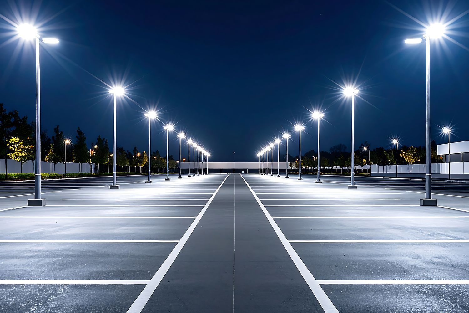 Empty parking lot at night, illuminated by bright overhead streetlights. Empty parking lot at night, illuminated by bright overhead streetlights.