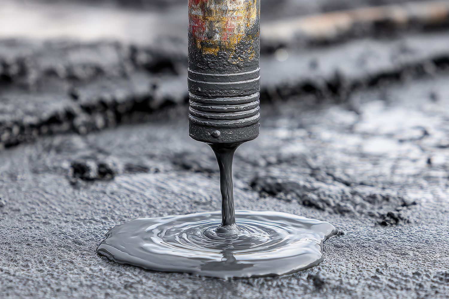 A black liquid, possibly oil, flowing from a metal pipe onto a gray surface. A black liquid, possibly oil, flowing from a metal pipe onto a gray surface.