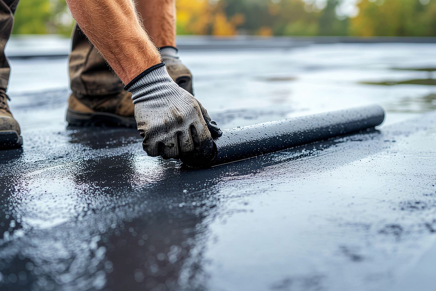 Person in work gloves installing a dark pipe on a wet, flat roof. Person in work gloves installing a dark pipe on a wet, flat roof.
