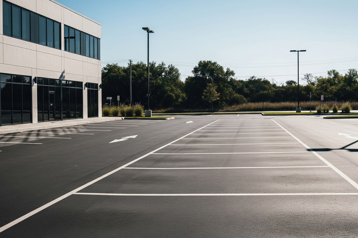 Empty asphalt parking lot next to a modern building under a clear blue sky. Empty asphalt parking lot next to a modern building under a clear blue sky.