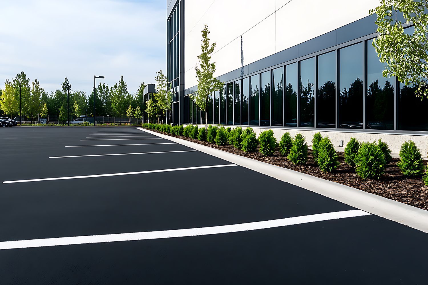 Black asphalt parking lot with white lines, lined with green bushes and trees, beside a modern building. Black asphalt parking lot with white lines, lined with green bushes and trees, beside a modern building.