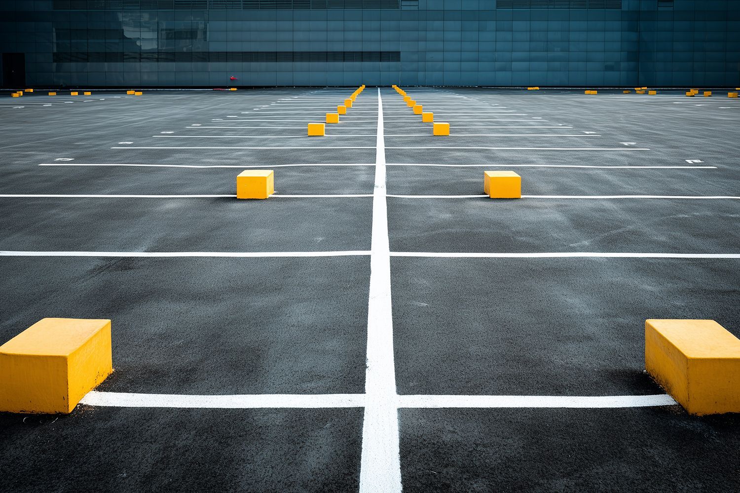 Empty asphalt parking lot with white lines and yellow concrete blocks. Empty asphalt parking lot with white lines and yellow concrete blocks.