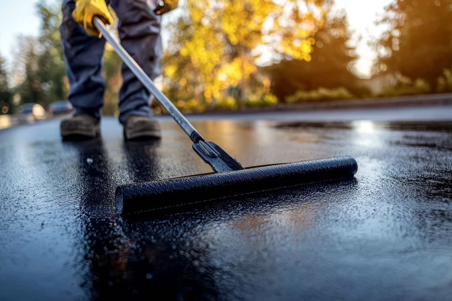 Person in work clothes using a squeegee to apply sealant to asphalt pavement. Person in work clothes using a squeegee to apply sealant to asphalt pavement.