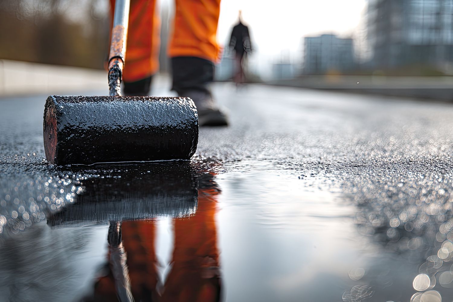 Person in orange overalls uses a roller to apply sealant to a wet asphalt road surface. Person in orange overalls uses a roller to apply sealant to a wet asphalt road surface.