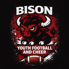 Bison youth football and cheer logo; red bison mascot with football and text on a black background.