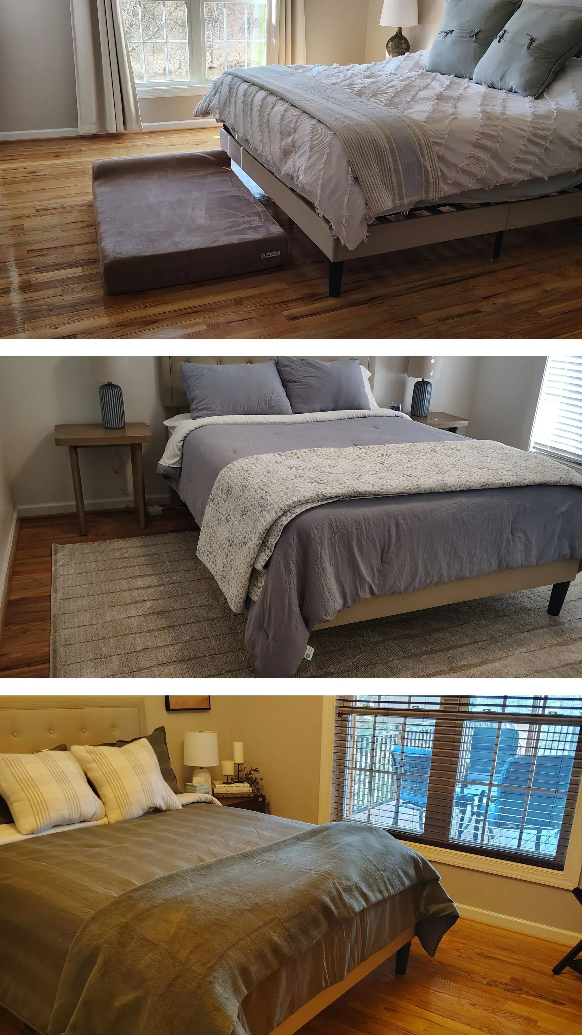 Three bedroom views showing made beds with neutral bedding, nightstands, and window light.