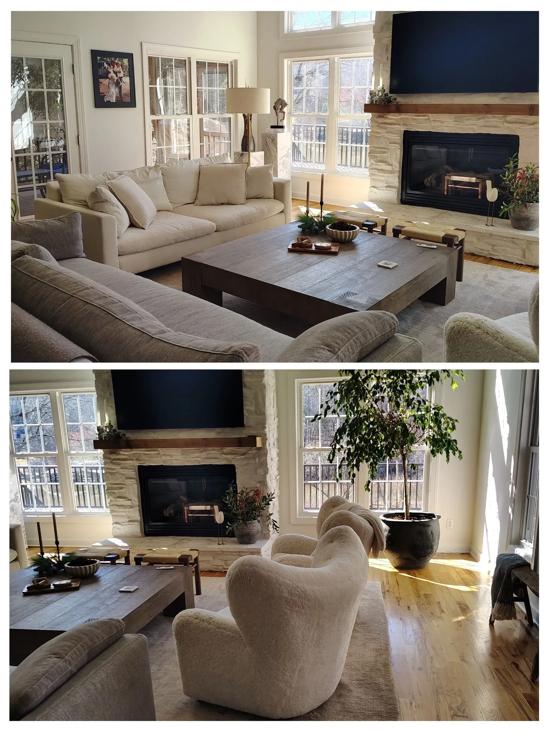 Bright living room with beige sectional, large coffee table, fireplace, and floor-to-ceiling windows