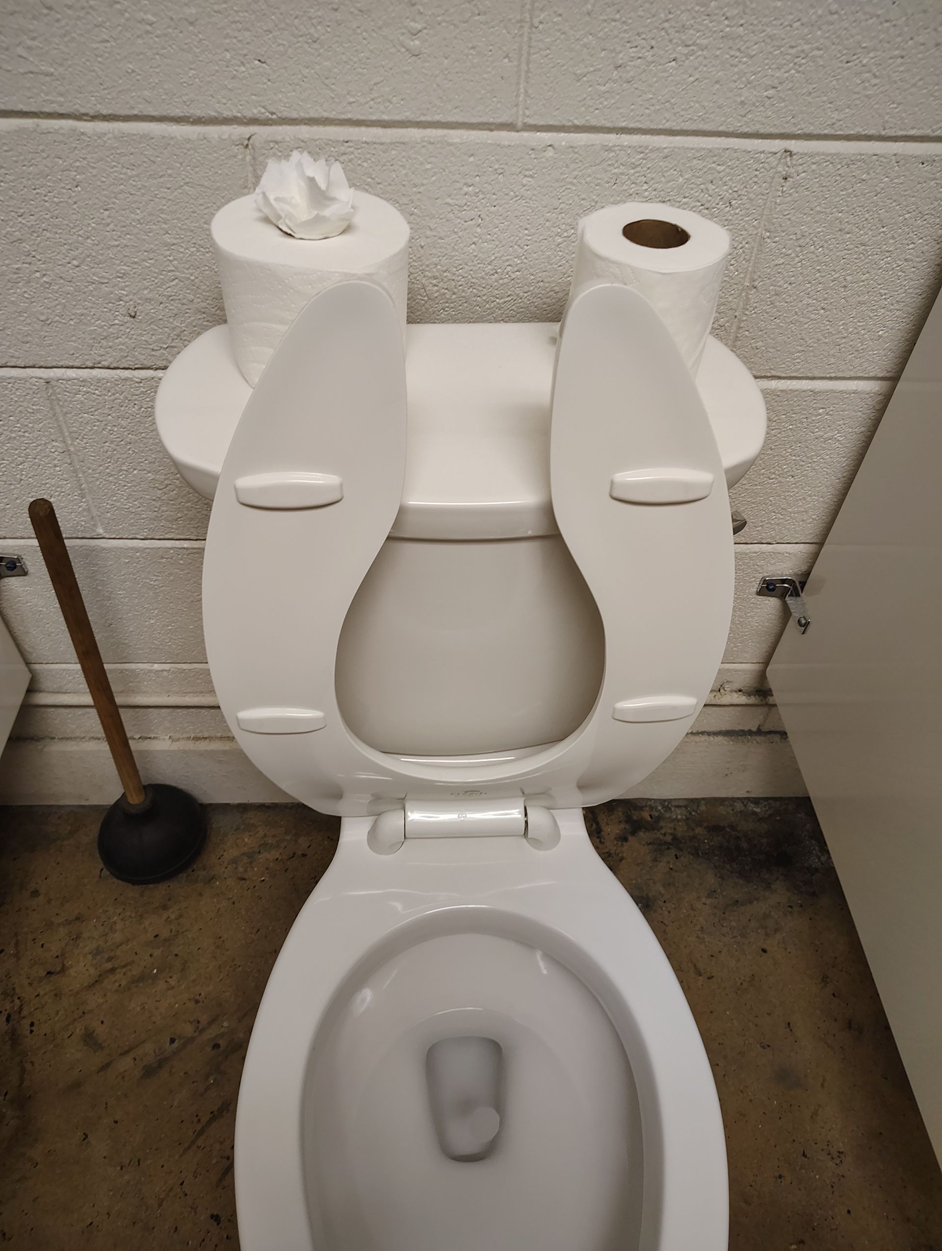 Open toilet with a white child safety seat in a restroom stall.