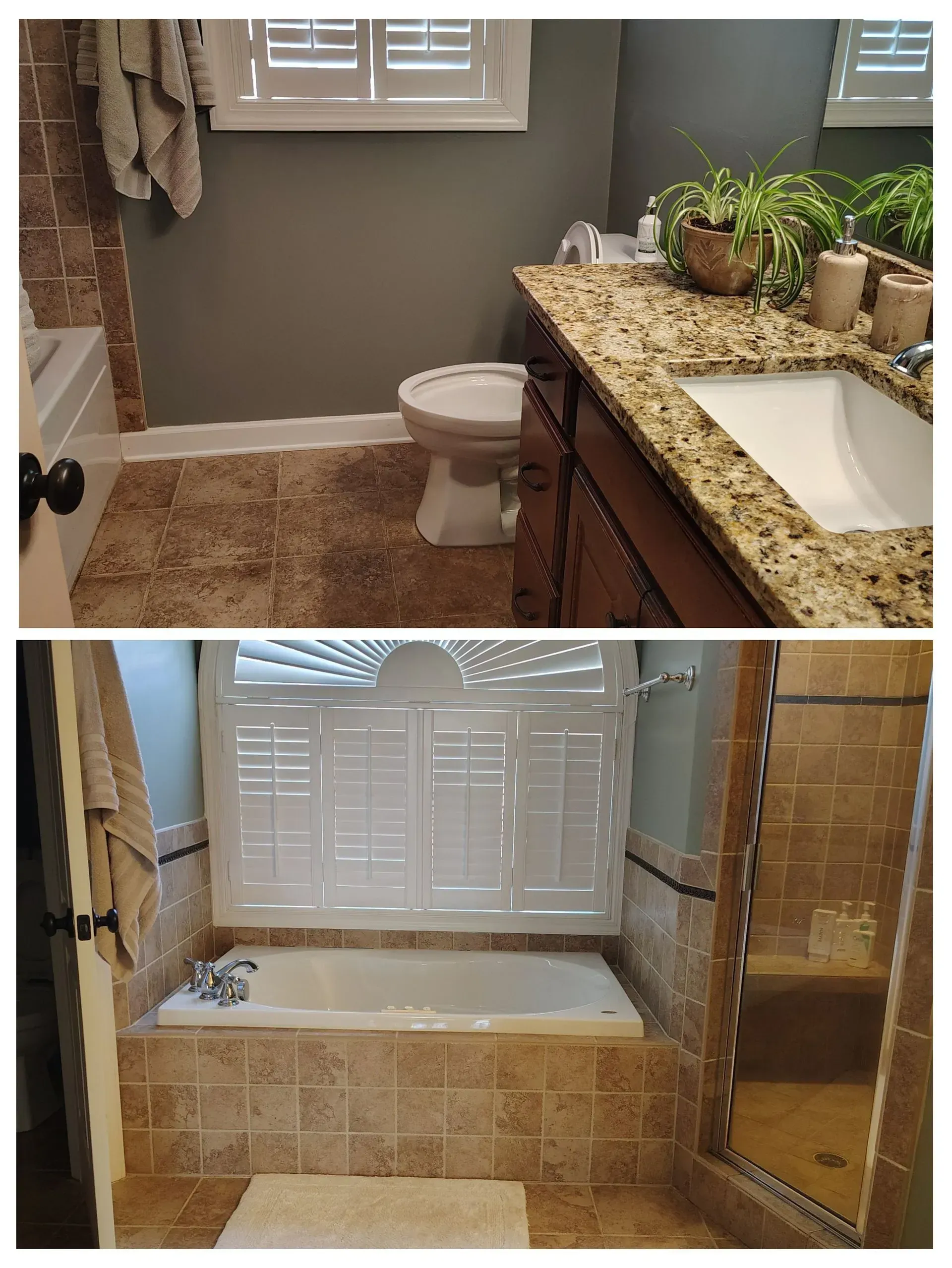 Bathroom with granite vanity, toilet, and tiled tub under shuttered window, shown in two views