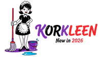 Logo with cartoon maid holding mop beside &ldquo;KORKLEEN&rdquo; text and &ldquo;New in 2026&rdquo; on white background