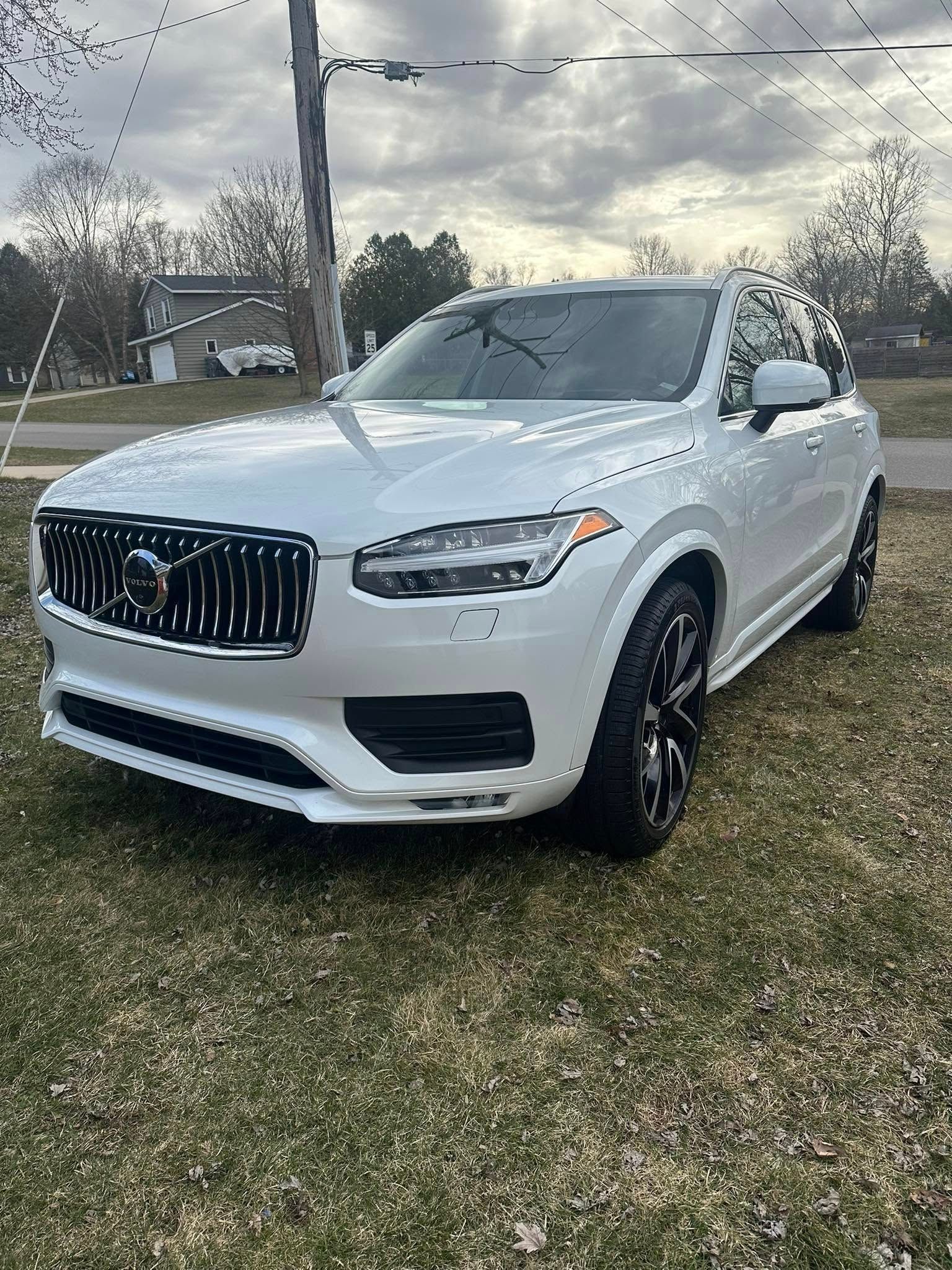 White Volvo SUV parked on grass. Black grille and wheels, overcast sky.