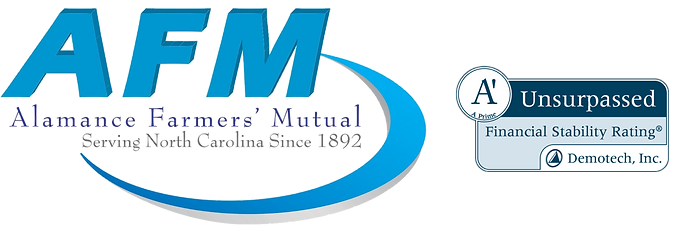 A blue and white logo for alamance farmers mutual
