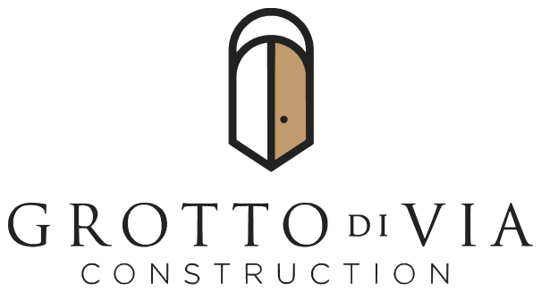 Grotto di Via Construction logo with a stylized arched door icon in beige, black, and white