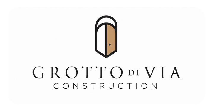 Grotto di Via Construction logo with a stylized tan and black doorway icon