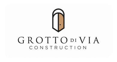 Grotto di Via Construction logo with a stylized door icon in black and beige