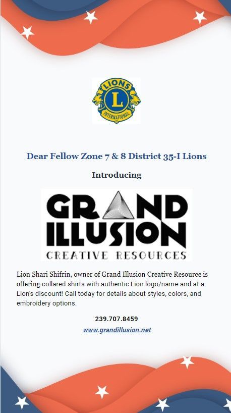 A red , white and blue poster with the words grand illusion creative resources on it.