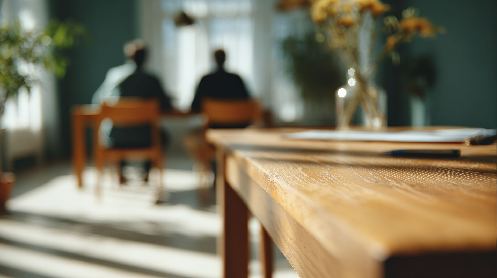 Wooden table in focus; two blurred figures seated at a table in the background near a window, sunlight.