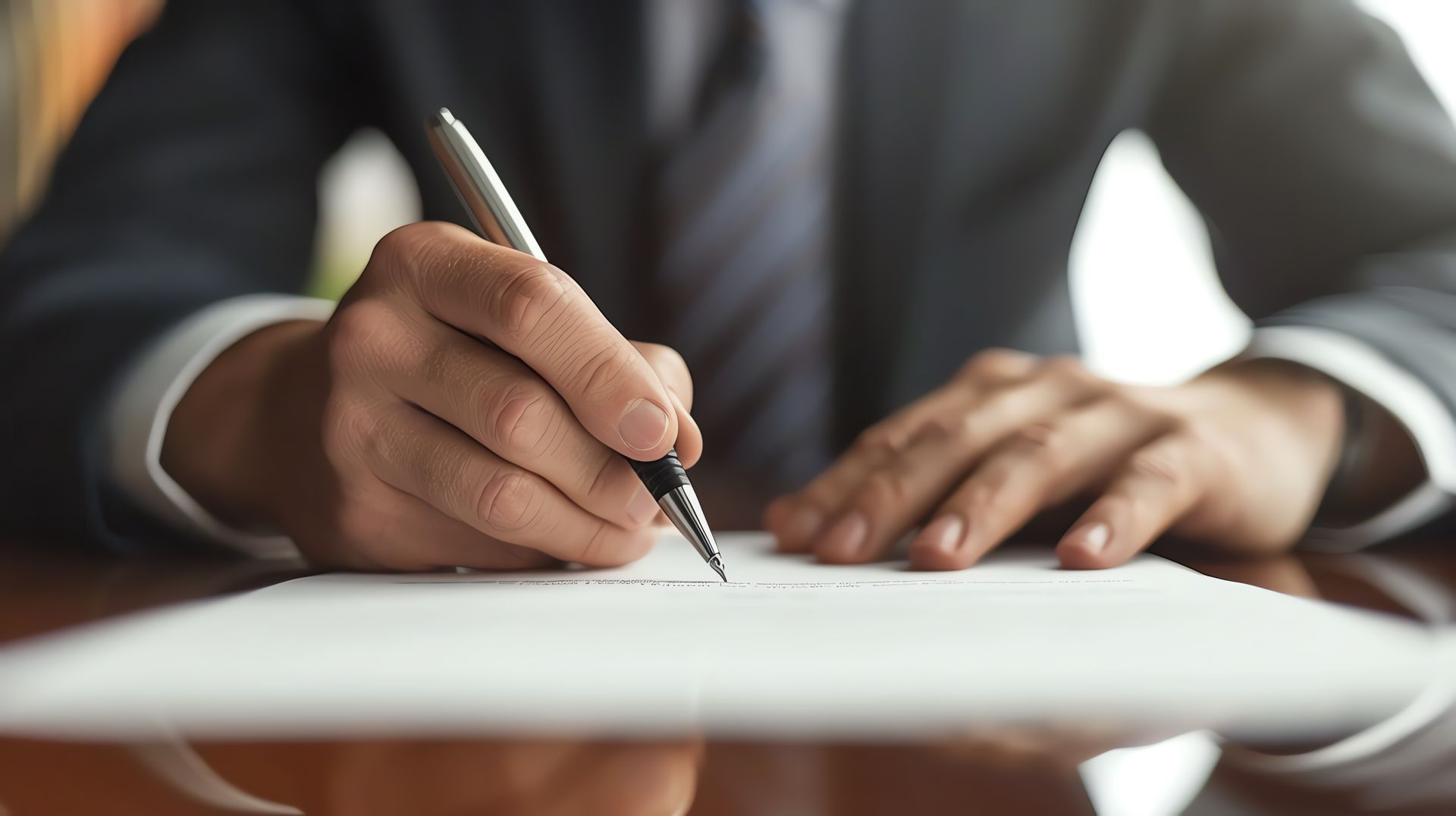 Person in suit writing on a white paper with a silver pen.
