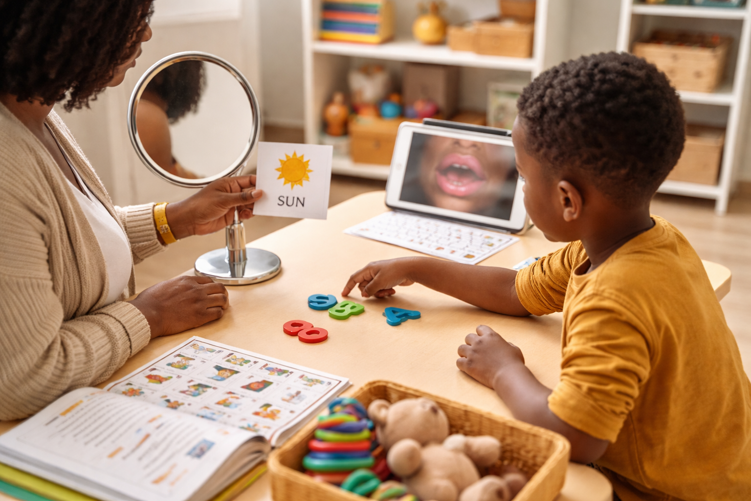 Adult and child doing a speech therapy activity at a table with educational toys and books