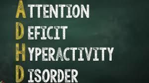 ADHD acronym on a chalkboard: Attention, Deficit, Hyperactivity, Disorder. Yellow and white text.