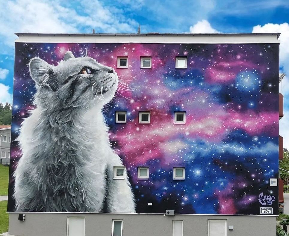 katt och rymdmotiv på bostadshus
