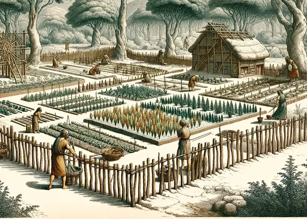 Illustration av en tidig föregångare till den företeelse som vi idag kallar för trädgård.
