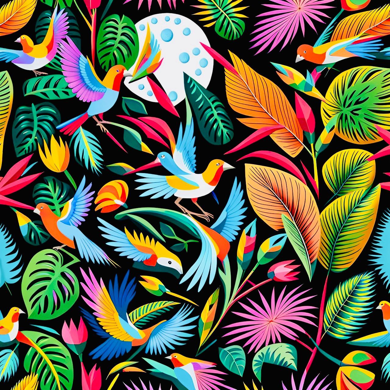 det färgstarka mönstret 'Tropical Garden' på svart botten, av Ulla Strandberg